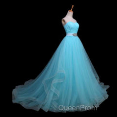 Light Blue Sweetheart Tulle Long Formal Dresses With Belt, Charming Tulle Sweet 16 Dresses