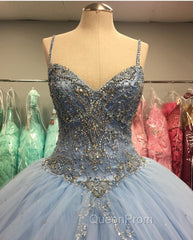 Light Blue Tulle Ball Gowns Quinceanera Dresses With Beaded