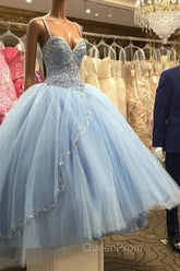 Light Blue Tulle Ball Gowns Quinceanera Dresses With Beaded