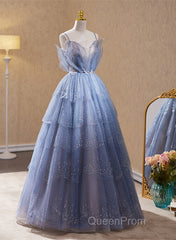 Light Blue Tulle Beaded Long Formal Dresses, Light Blue Shiny Tulle Evening Dresses Evening Prom Dresses