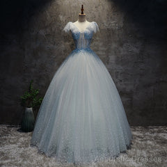 Light Blue Tulle Long Party Dress Formal Dress, Blue Tulle Formal Dress with Flowers