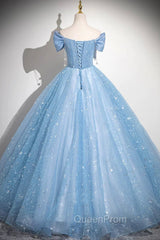 Light Blue Tulle Sequins Long Evening Prom Dresses, A-Line Off Shoulder Evening Dresses
