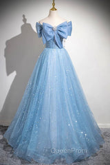Light Blue Tulle Sequins Long Evening Prom Dresses, A-Line Off Shoulder Evening Dresses