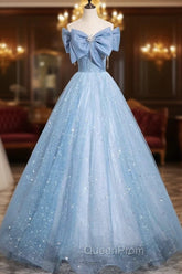Light Blue Tulle Sequins Long Evening Prom Dresses, A-Line Off Shoulder Evening Dresses
