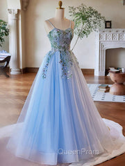 Light Blue Tulle Straps With Lace Applique Evening Prom Dresses, Light Blue Party Dresses