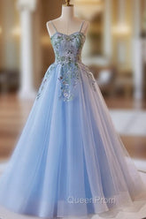 Light Blue Tulle Straps With Lace Applique Evening Prom Dresses, Light Blue Party Dresses