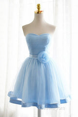 Light Blue Tulle Sweetheart With Bow Cute Party Dresses, Blue Short Homecoming Dresses Evening Prom Dresses