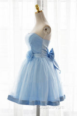 Light Blue Tulle Sweetheart With Bow Cute Party Dresses, Blue Short Homecoming Dresses Evening Prom Dresses