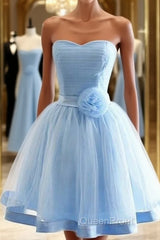 Light Blue Tulle Sweetheart With Bow Cute Party Dresses, Blue Short Homecoming Dresses Evening Prom Dresses