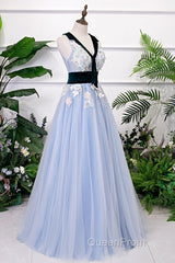 Light Blue Tulle With Flowers Lace Long Evening Dresses Evening Prom Dresses, A-Line Party Dresses