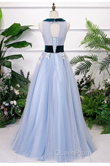 Light Blue Tulle With Flowers Lace Long Evening Dresses Evening Prom Dresses, A-Line Party Dresses