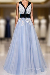 Light Blue Tulle With Flowers Lace Long Evening Dresses Evening Prom Dresses, A-Line Party Dresses