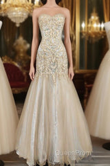 Light Champagne Mermaid Sweetheart Neck Beaded Tulle Long Ball Dresses Vintage Evening Dresses