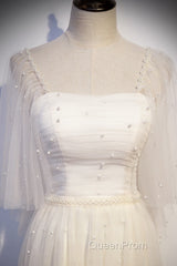 Light Champagne Short Sleeves Long Wedding Party Dresses, Cute Evening Prom Dresses