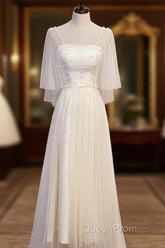 Light Champagne Short Sleeves Long Wedding Party Dresses, Cute Evening Prom Dresses