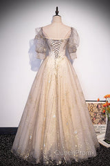 Light Champagne Short Sleeves Tulle Long Formal Dresses, A-Line Floor Length Party Dresses