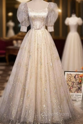 Light Champagne Short Sleeves Tulle Long Formal Dresses, A-Line Floor Length Party Dresses