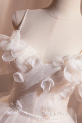 Light Champagne Spaghetti Strap Tulle Long Evening Prom Dresses, Beautiful A-Line Formal Evening Dresses