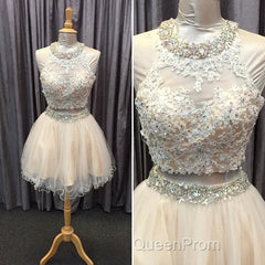 Light Champagne Tulle Lace Beading Homecoming Dresses Two Piece Style
