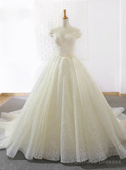 Light Champagne Tulle Off The Shoulder Train Wedding Dress