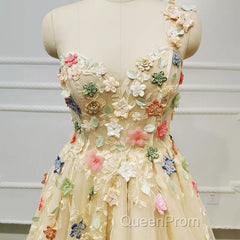 Light Champagne Tulle With Flowers Long Evening Dresses, A-Line Tulle Formal Dresses