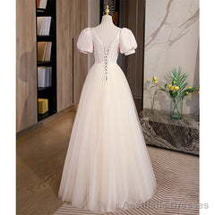 Light Champagne Tulle with Light Pink Satin Prom Dress, A-line Long Formal Dress