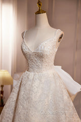 Light Champagne V-Neck Lace Long Evening Prom Dresses, A-Line Spaghetti Straps Backless Party Dresses With Bow