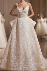 Light Champagne V-Neck Lace Long Evening Prom Dresses, A-Line Spaghetti Straps Backless Party Dresses With Bow