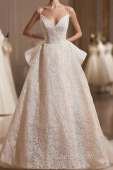 Light Champagne V-Neck Lace Long Evening Prom Dresses, A-Line Spaghetti Straps Backless Party Dresses With Bow