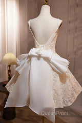 Light Champagne V-Neck Lace Short Evening Prom Dresses, A-Line Spaghetti Straps Backless Party Dresses With Bow