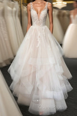 Light champagne v neck tulle lace long Evening Prom Dresses, wedding Dresses