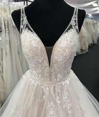Light champagne v neck tulle lace long Evening Prom Dresses, wedding Dresses
