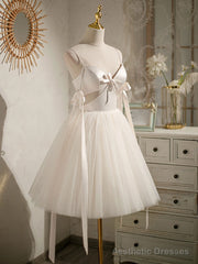 Light Champagne V neck Tulle Short Prom Dress, Tulle Puffy Homecoming Dress