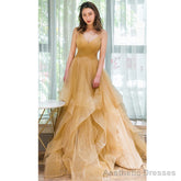 Light Champagne V-neckline Layers Straps Shiny Tulle Party Dress, Champagne Evening Gown Formal Dress