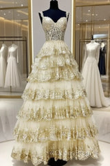 Light Gold Lace Ball Gown Dresses