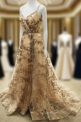 Light Gold Sequin Pattern Evening Prom Dresses V Neck Split