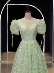Light Green Floral V-Neckline Short Sleeves Party Dresses, A-Line Green Formal Dresses