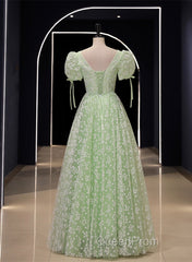 Light Green Floral V-Neckline Short Sleeves Party Dresses, A-Line Green Formal Dresses