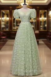 Light Green Floral V-Neckline Short Sleeves Party Dresses, A-Line Green Formal Dresses