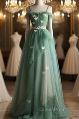 Light Green Gradient Straps Long A-Line Evening Prom Dresses, Beautiful Evening Dresses Party Dresses