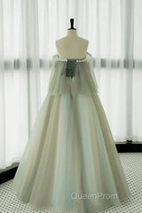 Light Green Off Shoulder Tulle Long Evening Prom Dresses A-Line Green Party Dresses