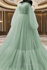 Light Green Puffy Sleeves Tulle Long Formal Dresses, Light Green Evening Prom Dresses