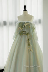 Light Green Scoop Off Shoulder A-Line Tulle Evening Prom Dresses, Light Green Evening Dresses
