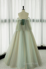 Light Green Scoop Off Shoulder A-Line Tulle Evening Prom Dresses, Light Green Evening Dresses