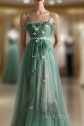Light Green Straps Tulle Floor Length A-Line Evening Prom Dresses, Tulle Scoop Party Dresses Formal Dresses