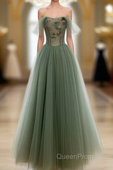 Light Green Sweetheart A-Line Evening Prom Dresses, Green Long Party Dresses With Lace Applique
