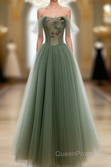 Light Green Sweetheart A-Line Evening Prom Dresses, Green Long Party Dresses With Lace Applique