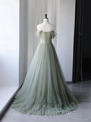 Light Green Sweetheart Beaded And Flowers Party Dresses, Tulle Green Formal Dresses