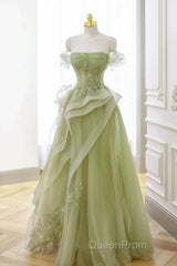 Light Green Sweetheart Beaded Off Shoulder Party Dresses, Light Green Tulle Evening Prom Dresses