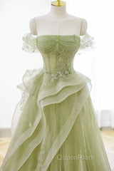 Light Green Sweetheart Beaded Off Shoulder Party Dresses, Light Green Tulle Evening Prom Dresses
